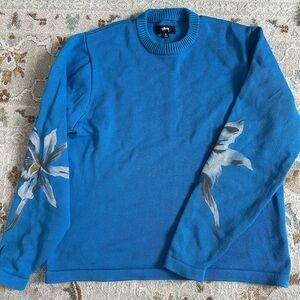 Stussy blue Crewneck Sweater with Floral Sleeve Detail